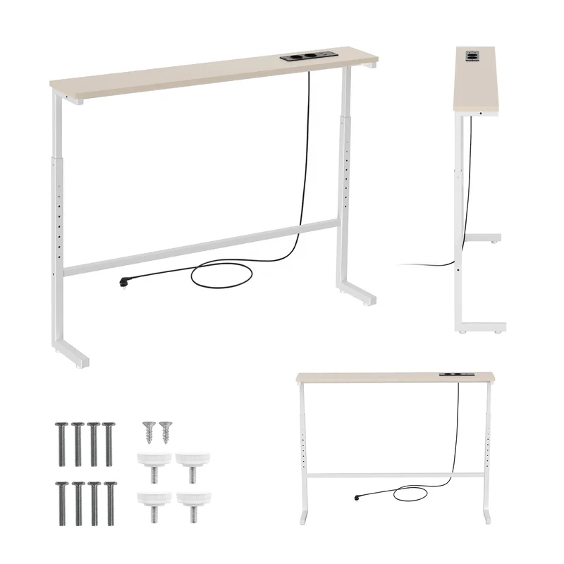 Console / tavolino con presa di ricarica Maclean, bianco con piano chiaro, regolazione in altezza 62-83 cm, max 25 kg, cavo da 2,5 m, MC-140 W