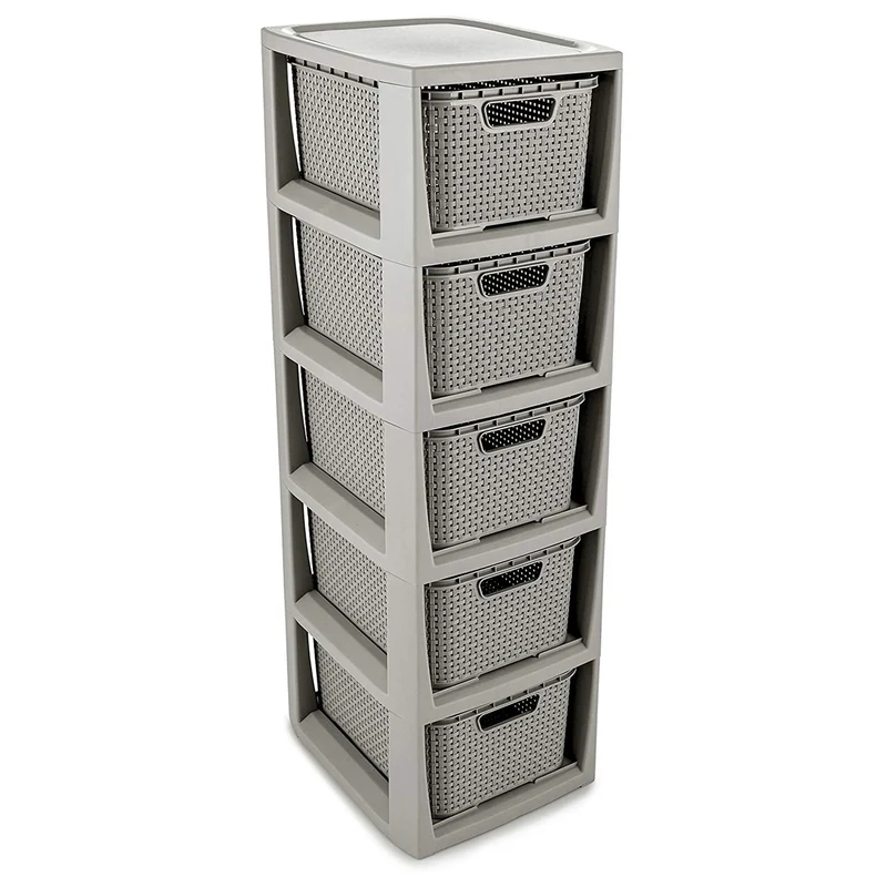 BranQ Rastrelliera in rattan con 5 cestini da 7 litri colore grigio