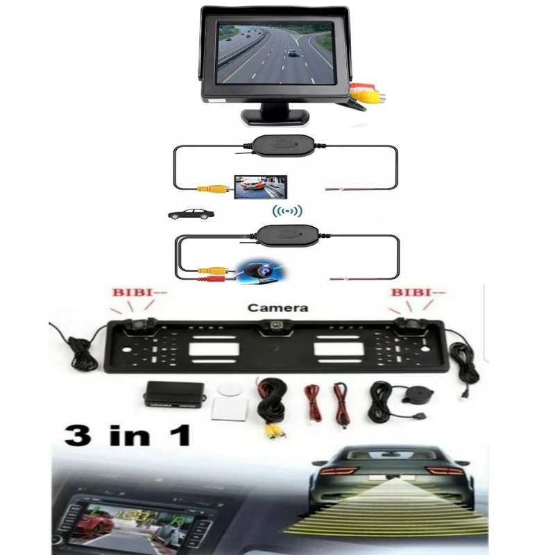 Kit Retrocamera Auto 3 in 1 Monitor 4.3" + Sensori Parcheggio + Trasmettitore