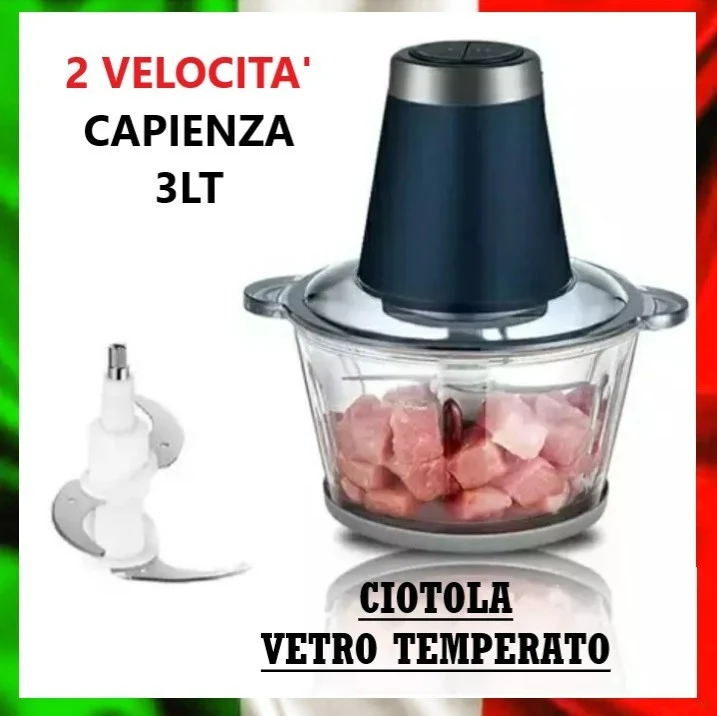 Tritatutto Elettrico 3L 400W Tritacarne Verdure Frullatore 4 Lame Ciotola Vetro