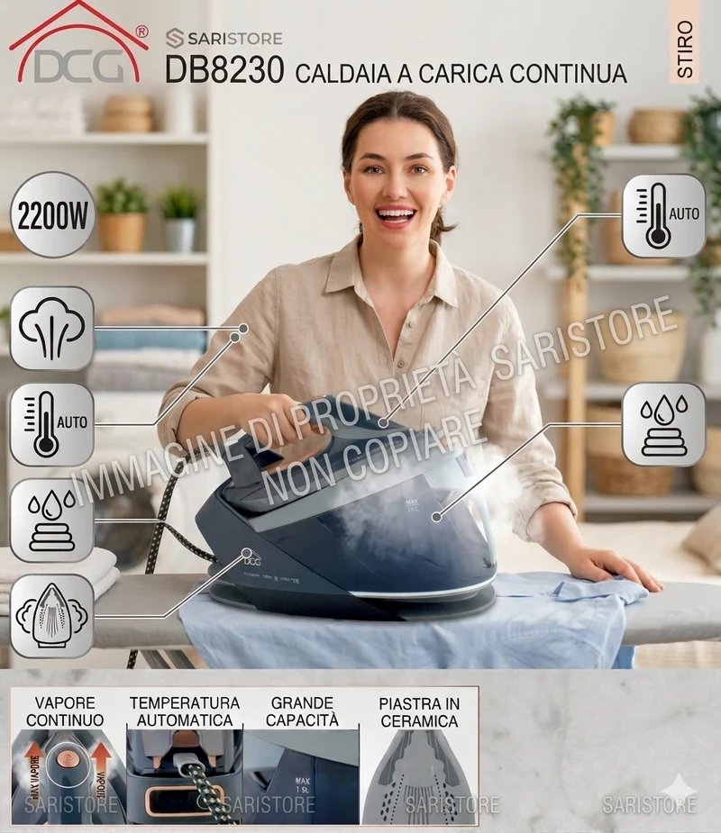 Ferro da Stiro Professionale 5.5 BAR 2200W Caldaia 1.5L Carica Continua Vapore