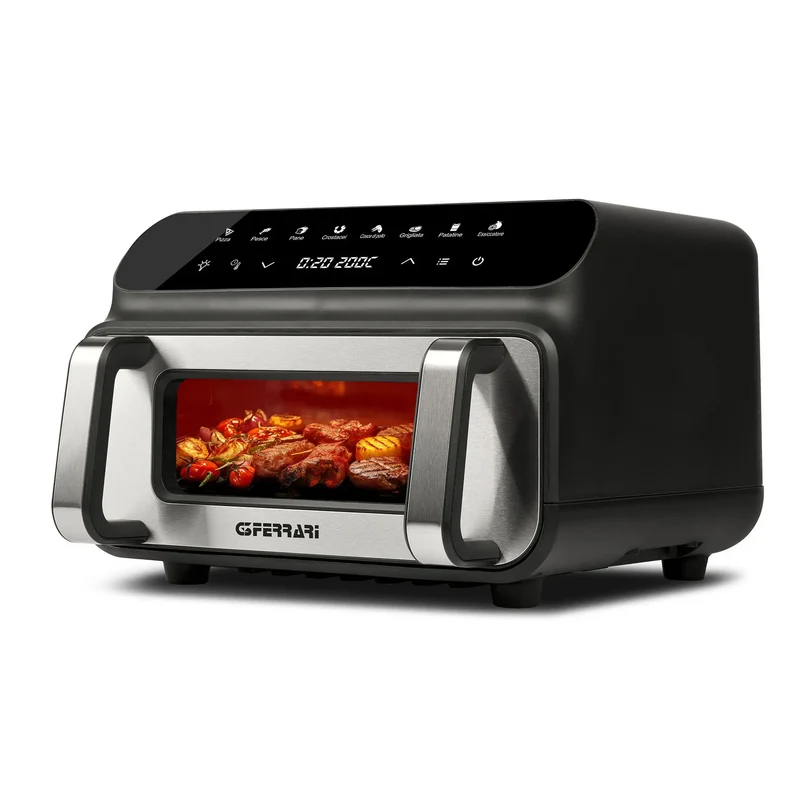 G3 Ferrari G10181 Friggitrice e griglia ad Aria BBQ, 2000W, 10 Litri XXL, 8 Programmi, Multifunzione, Barbecue Smokeless, BPA PFOA Safe, Accessori e Ricettario inclusi, Timer, Nero/Grigio Argento
