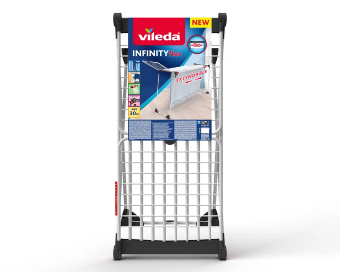 Vileda Infinity Flex , stendibiancheria di grandi dimensioni, griglia telescopica estensibile fino a 2 mt, 30 mt stenditura, fatto diplastica e metallo. Da usare per stendere il tuo bucato