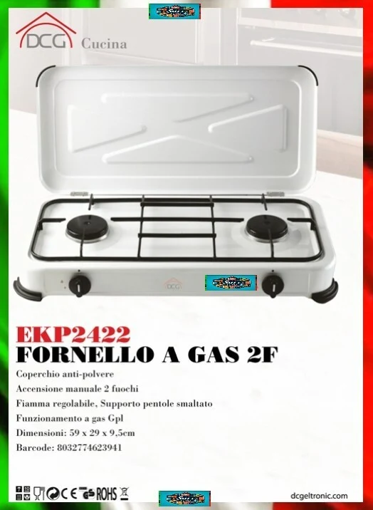 Fornello a Gas 2 Fuochi Campeggio Balcone– Coperchio Anti-polvere, GPL, Smaltato