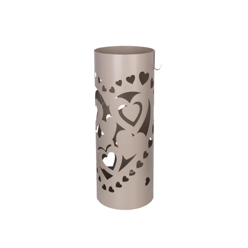 Porta Ombrelli in Metallo Cuore L, Contenitore per Ombrelli con Vaschetta Scolapioggia e 1 Gancetto, 21cm diametro 55cm altezza, Tortora