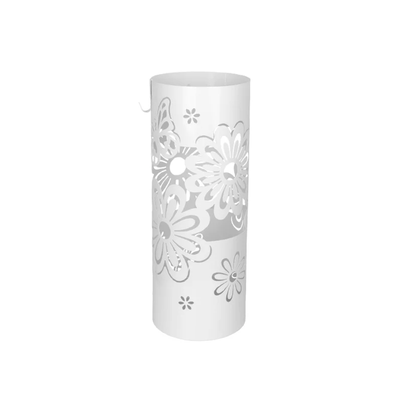 Today Home Porta Ombrelli in Metallo Fiore, Contenitore per Ombrelli con Vaschetta Scolapioggia e 1 Gancetto, diametro 19cm altezza 49cm, Bianco