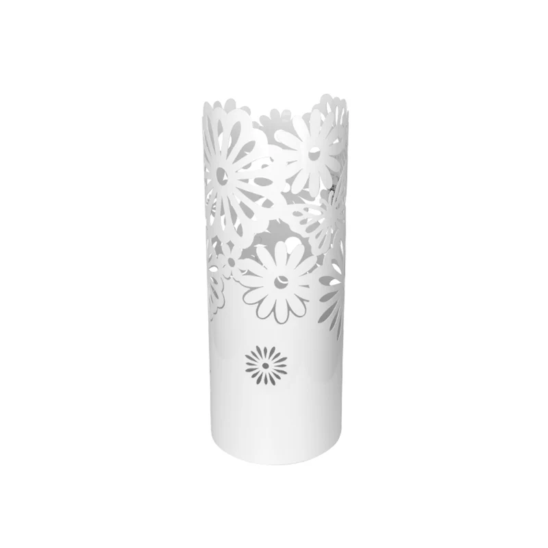 Porta Ombrelli in Metallo Fiore, Contenitore per Ombrelli con Vaschetta Scolapioggia e 1 Gancetto, 19cm diametro 49cm altezza, Bianco