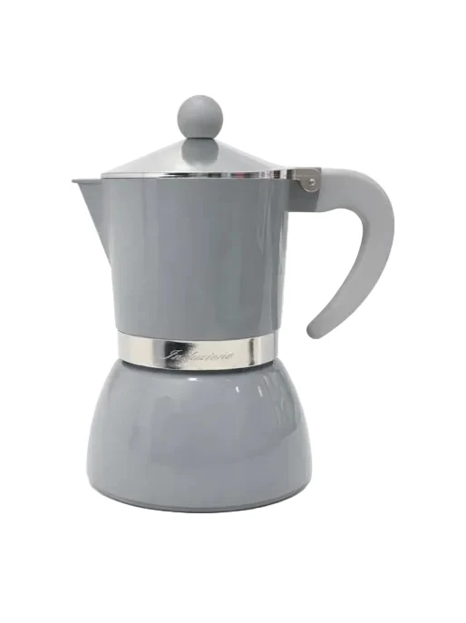 Caffettiera Moka per Induzione, 3 Tazze, Alluminio, con Manico Ergonomico, Colore Grigio Lucido, Design Elegante