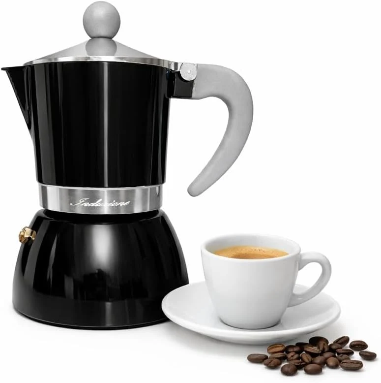 Today Home Caffettiera Moka per Induzione, 3 Tazze, Alluminio, con Manico Ergonomico, Colore Nero Lucido, Design Elegante