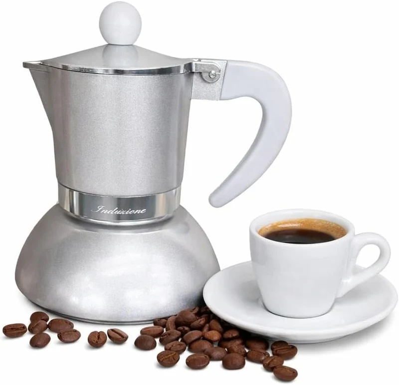 Today Home Caffettiera Moka per Induzione, 2 Tazze, Alluminio, con Manico Ergonomico, Colore Silver Metallizzato, Argento, Design Elegante