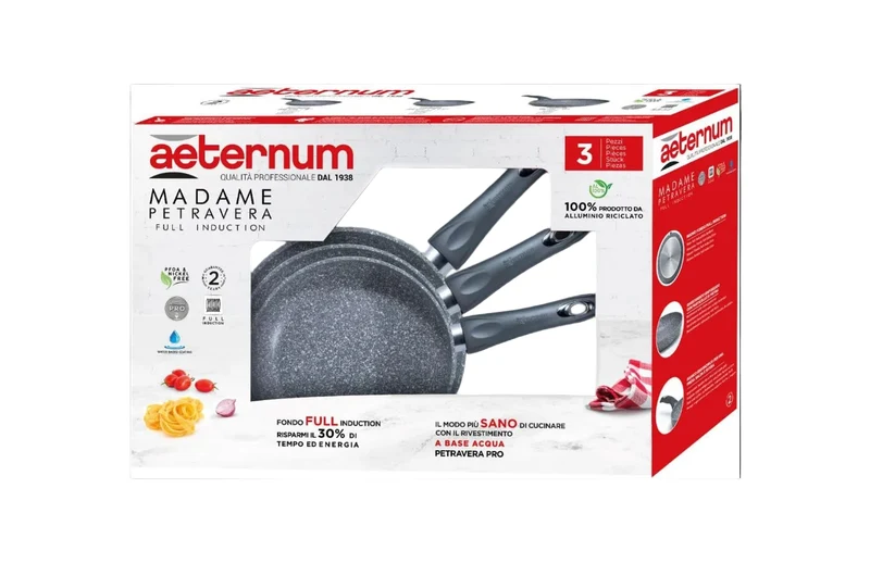 Aeternum, Madame Petravera 3.0, Tris Padelle 20/24/28 cm, Alluminio, Full Induction, Adatte all'induzione, Grigio Petravera