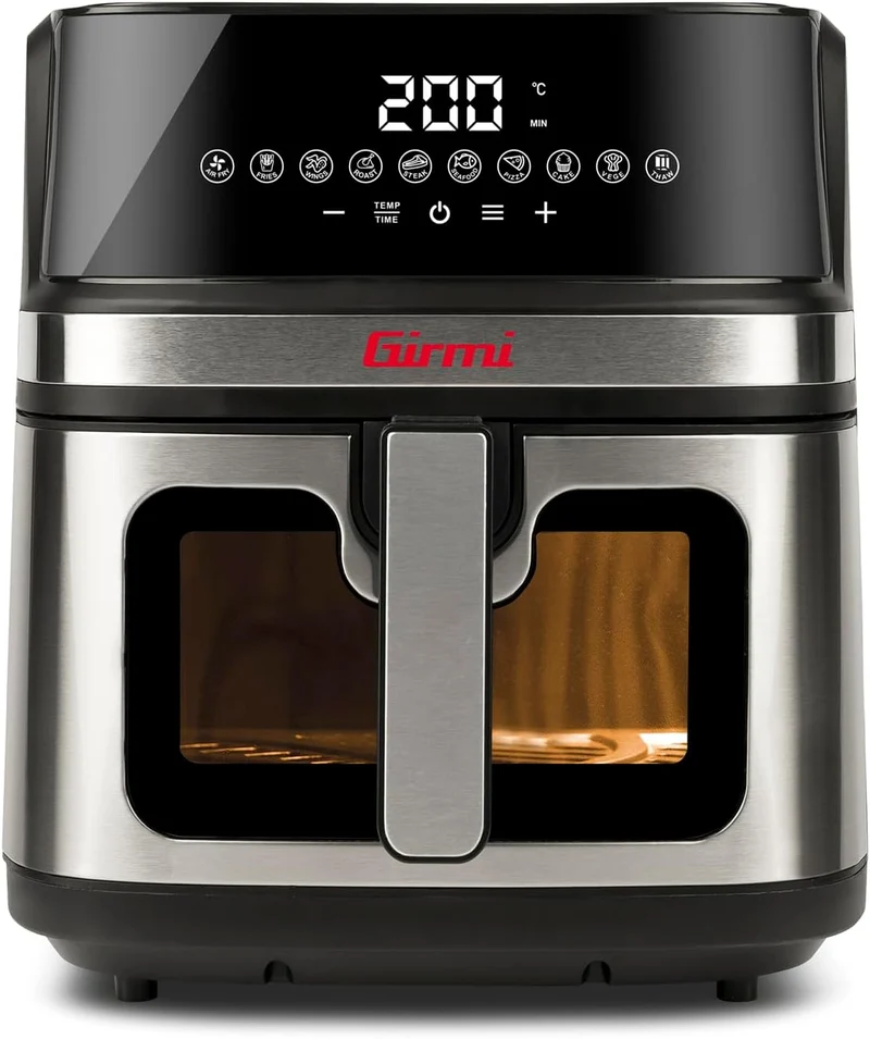 Girmi FG80 Friggitrice ad Aria 8Litri, 2200 W, Display digitale, 10 programmi, Capacità 8 Litri, Camera di cottura in metallo, Doppia resistenza, Ricettario incluso, Nero/Inox