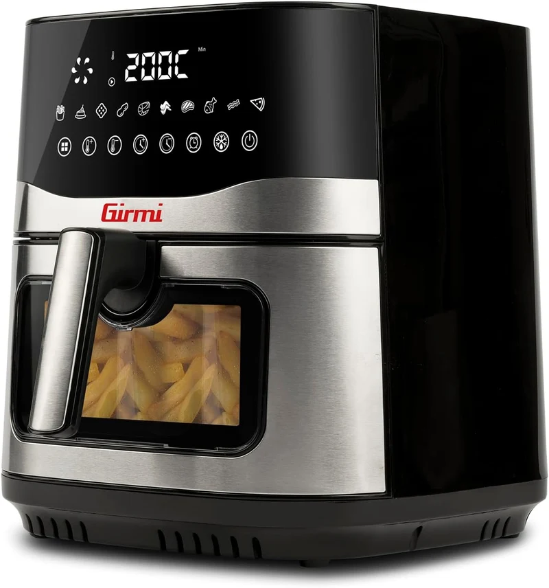 Girmi FG90 Friggitrice ad Aria Ecofrit Premium, 2200W, 9 Lt, Doppia Resistenza, Finestra, Contenitore Antiaderente, Display Digitale, Scongelamento, Partenza Ritardata, BPA/PFOA safe, Nero