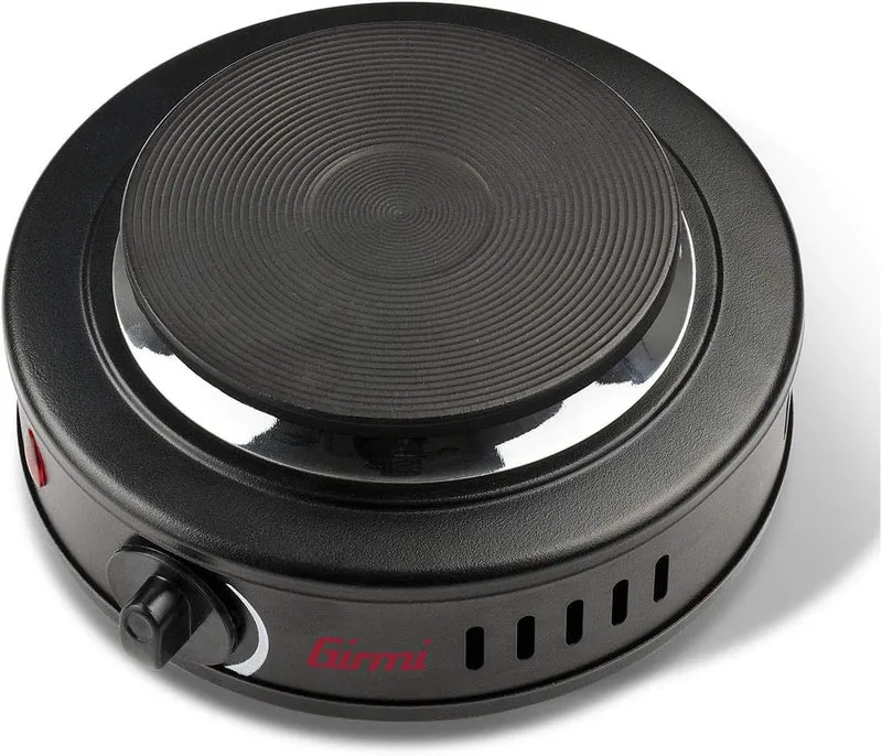 Girmi PE16 Fornello Elettrico, 500 W, Piastra in Ghisa 11cm, Spia di accensione, Piedini di appoggio, Regolazione Temperatura, Nero