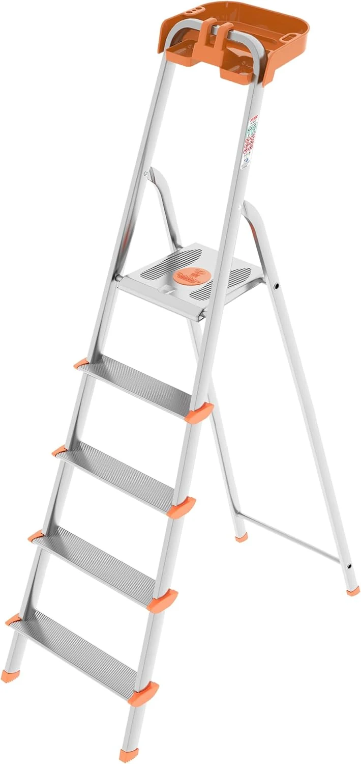 Colombo Scala Pieghevole Alluminio Attica 5 Gradini Senza Rivetti | Robusta con Piattaforma e Vaschetta Portautensili | Portata 150kg | Conforme EN131 TÜV-GS | Made in Italy