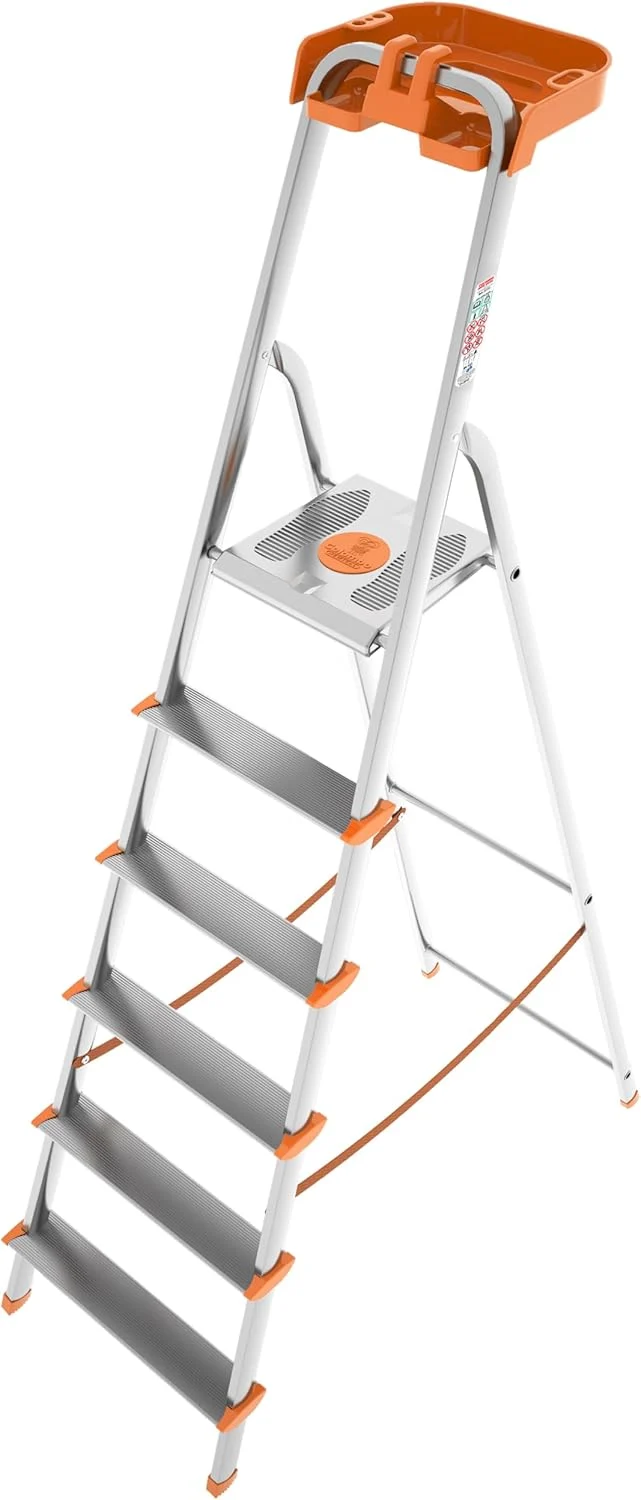 Colombo Scala Pieghevole Alluminio Attica 6 Gradini Senza Rivetti | Robusta con Piattaforma e Vaschetta Portautensili | Portata 150kg | Conforme EN131 TÜV-GS | Made in Italy