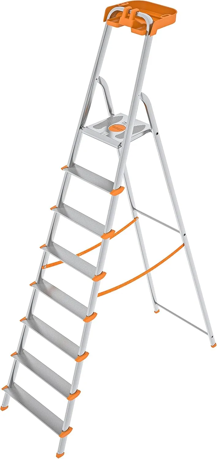 Colombo Scala Pieghevole Alluminio Attica 8 Gradini Senza Rivetti | Robusta con Piattaforma e Vaschetta Portautensili | Portata 150kg | Conforme EN131 TÜV-GS | Made in Italy