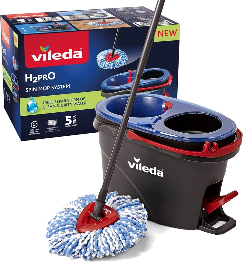 Vileda H2PrO Spin Mop Sistema lavapavimenti con centrifuga | Separazione acqua pulita e sporca | Sistema a due serbatoi | Strizzatura senza sforzo con pedale | Fiocco in microfibra | Design ergonomico