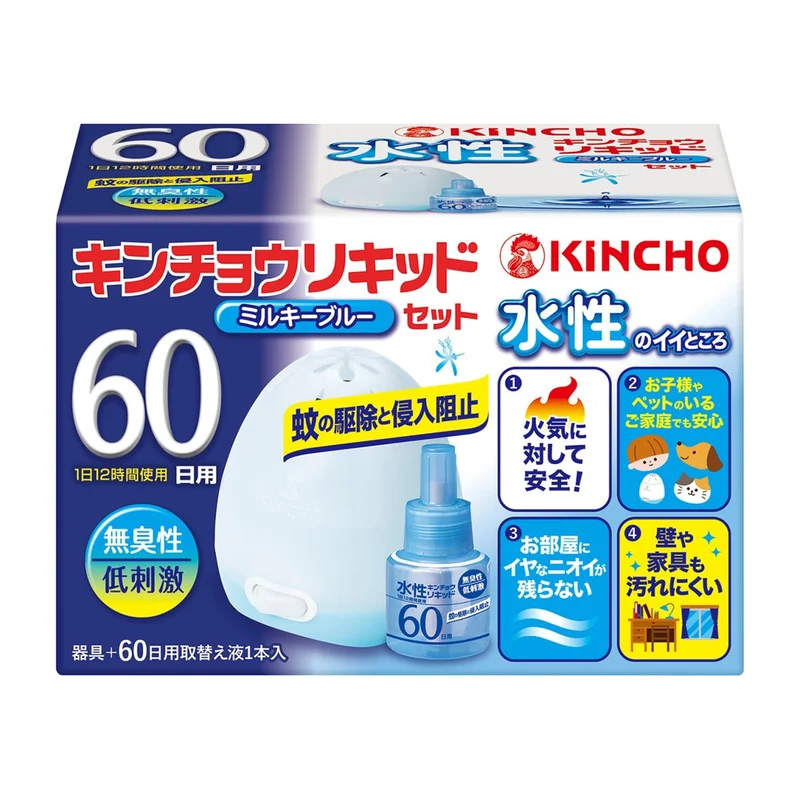 KINCHO Water Based Liquid Mosquito Repellent 60 Day Unscented Milky Blue Set