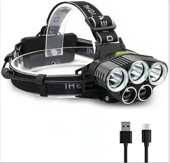 Torcia Frontale 5 LED Ricaricabile USB Potente 2 Batterie 18650 , Trekking Pesca