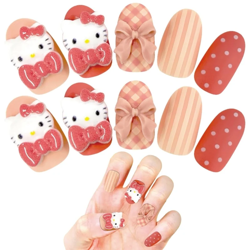 Hello Kitty Plaid Short Nail Tips 24 pcs 601-4137 Santan