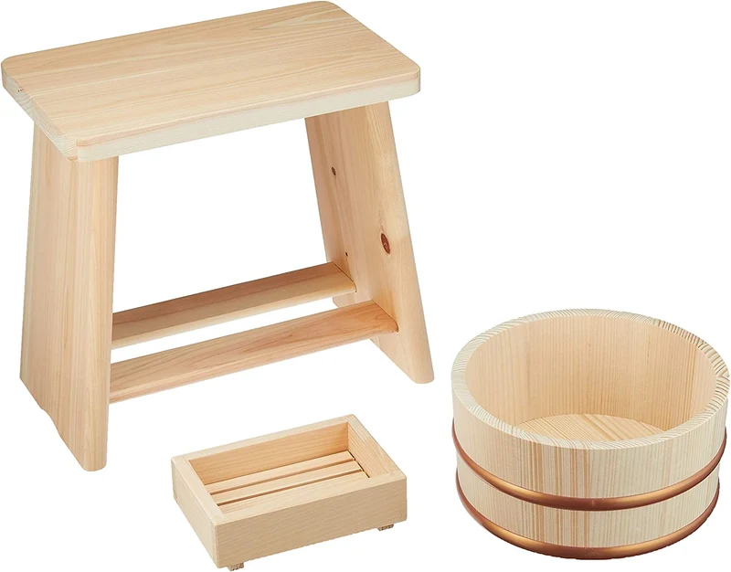 Hoshino Kogyo 3-Piece Set A Cypress Bath Chair, Fir Hot Tub, Cypress Soap Stand