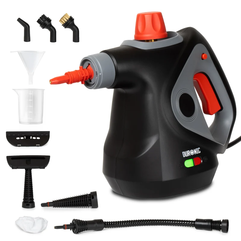 Duronic SC32 BK Pulitore a Vapore Portatile 1050W con Serbatoio 350 ml, Pulizia a Vapore Multifunzione Senza Detergenti per Divani Tessuti Fughe Doccia Forno Cucina Vetri Finestre Auto Nero