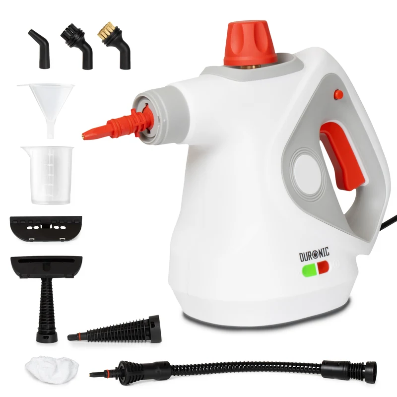 Duronic SC32 WE Pulitore a Vapore Portatile 1050W con Serbatoio 350 ml, Pulizia a Vapore Multifunzione Senza Detergenti per Divani Tessuti Fughe Doccia Forno Cucina Vetri Finestre Auto Bianco