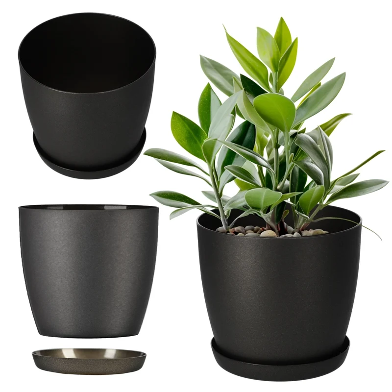 Vaso da fiori KADAX con sottovaso, vaso in plastica da 20 cm, coperchio, fiori, grafite opaca