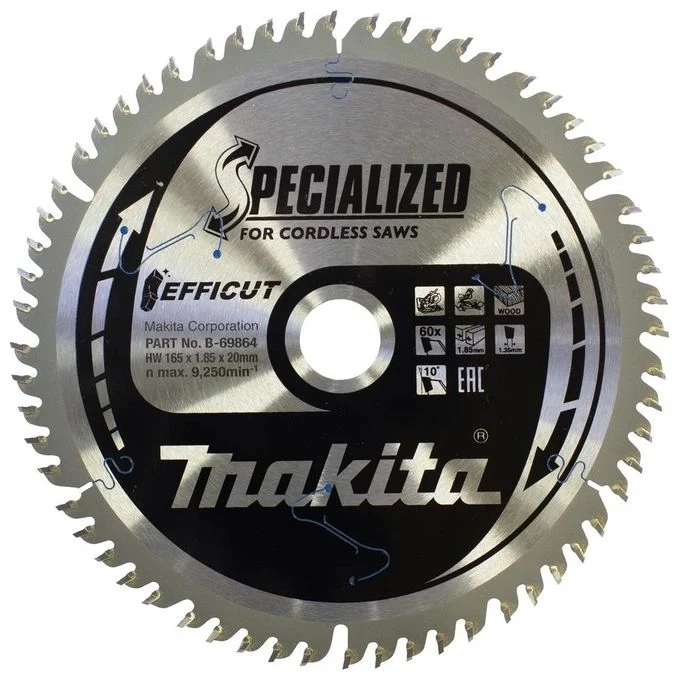 Makita B-69842 Efficut Lama per Sega Circolare 165 mm 20 mm 60 denti spessore corpo 1,35 mm colore Nero
