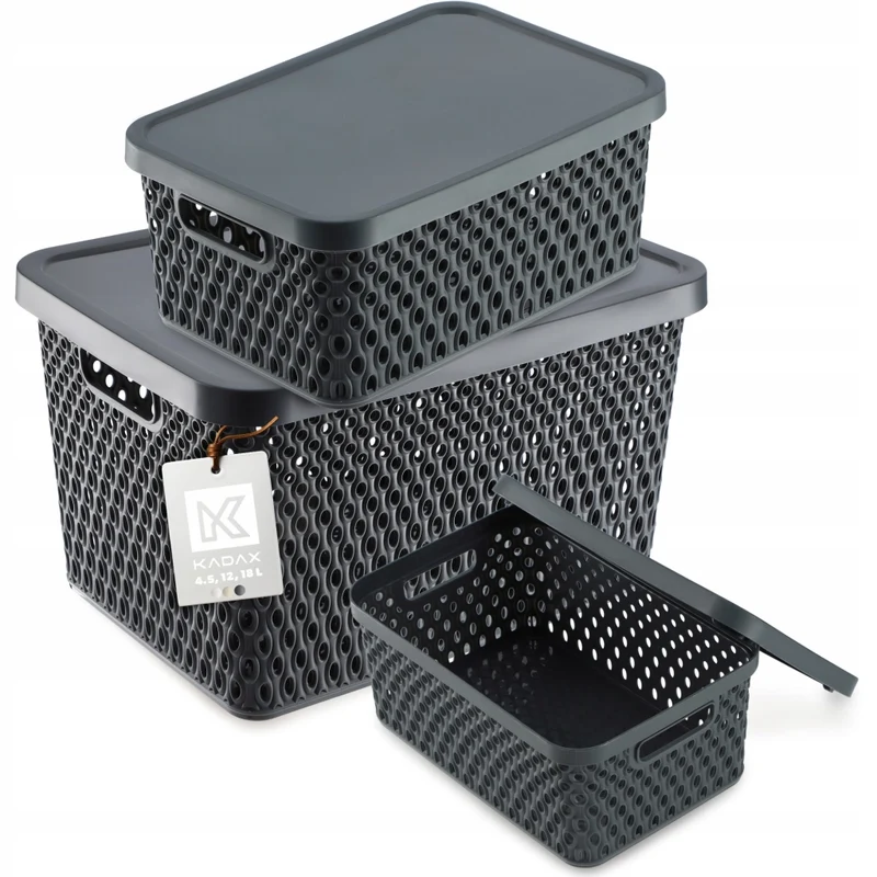 Set di 3 cestini in plastica KADAX con coperchio, colore grigio.