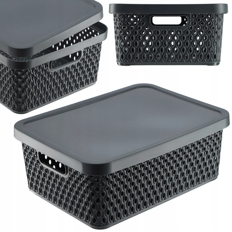 Cestino KADAX con coperchio, contenitore organizer, scatola portaoggetti da 12 litri, grigio
