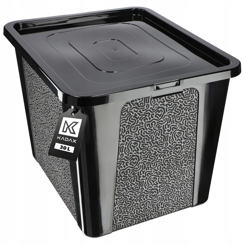 Contenitore in plastica KADAX da 30 litri con coperchio, nero, con chiusura a chiave, grande scatola organizer.