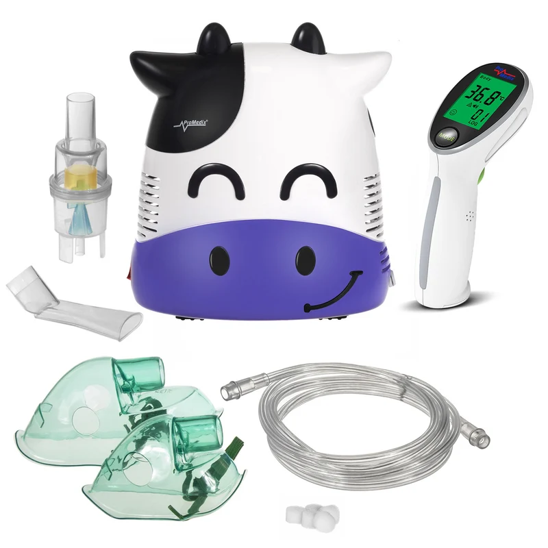 Inalatore per bambini Promedix,, nebulizzatore, maschera, set di filtri, PR-810 + termometro medico a infrarossi senza contatto Promedix PR-960, modello Mucca