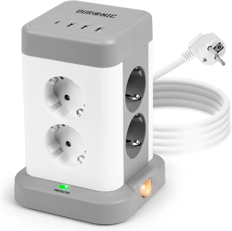 Duronic ET8C Multipresa Torre 3680W con 8 Prese Schuko + 3 USB-A + USB-C + Ricarica 4 Porte USB, Ciabatta Elettrica Verticale con Protezione Sovraccarico e Cavo 1.8m, Torre Multipresa Casa Ufficio