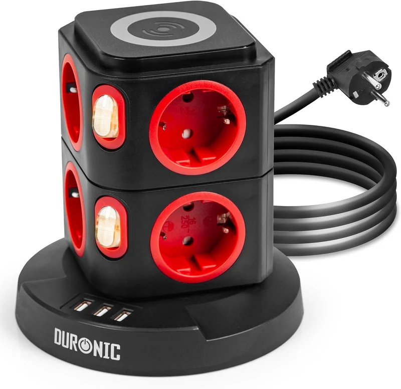 Duronic ET8W Multipresa Torre 3680W con 8 Prese Schuko + 3 USB + Ricarica Wireless 10W, Ciabatta Elettrica Verticale con Protezione Sovraccarico e Cavo 1.8m, Torre Multipresa USB Casa Ufficio