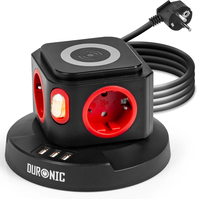 Duronic ET4W Multipresa Torre 3680W con 4 Prese Schuko + 3 USB + Ricarica Wireless 10W, Ciabatta Elettrica Verticale con Protezione Sovraccarico e Cavo 1.8m, Multipresa USB per Casa Ufficio Cucina TV