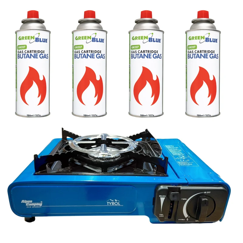 Fornello da campeggio Alpen Camping, potenza: 2,0 kW, consumo di gas 146 g/h, accensione piezoelettrica, TYROL+ 4 bombolette di gas da 227 g GreenBlue. Certificato: Pi 0875, conforme alla norma EN 417