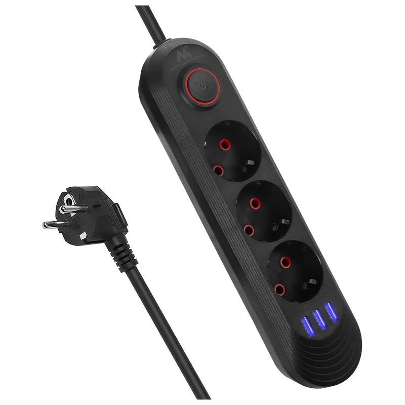 Ciabatta elettrica Maclean, cavo di prolunga a 3 prese + 3xUSB, 110-240V AC 50/60Hz, 2,1A max 2500W, 1,5m, nero, MCE394 B