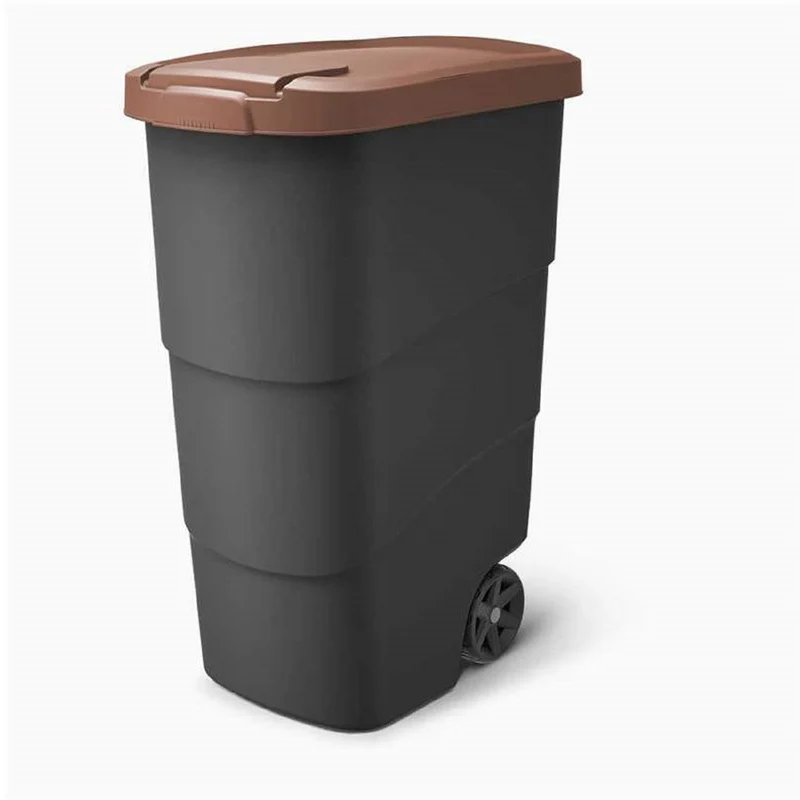 Prosperplast Wheeler 90L Cestino per rifiuti con ruote e coperchio Cestino da giardino grande universale -marrone