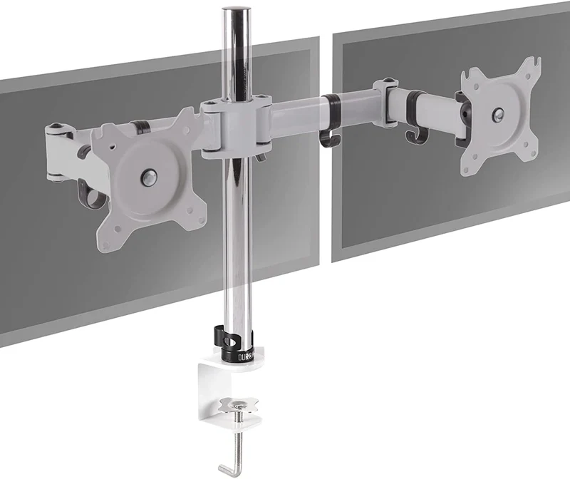 Duronic DM252 WE Supporto Monitor doppio per 2 schermi da 13-27 pollici, Braccio monitor PC ergonomico fino 8kg, VESA 75/100, regolabile altezza inclinazione girevole, per ufficio casa scuola, bianco