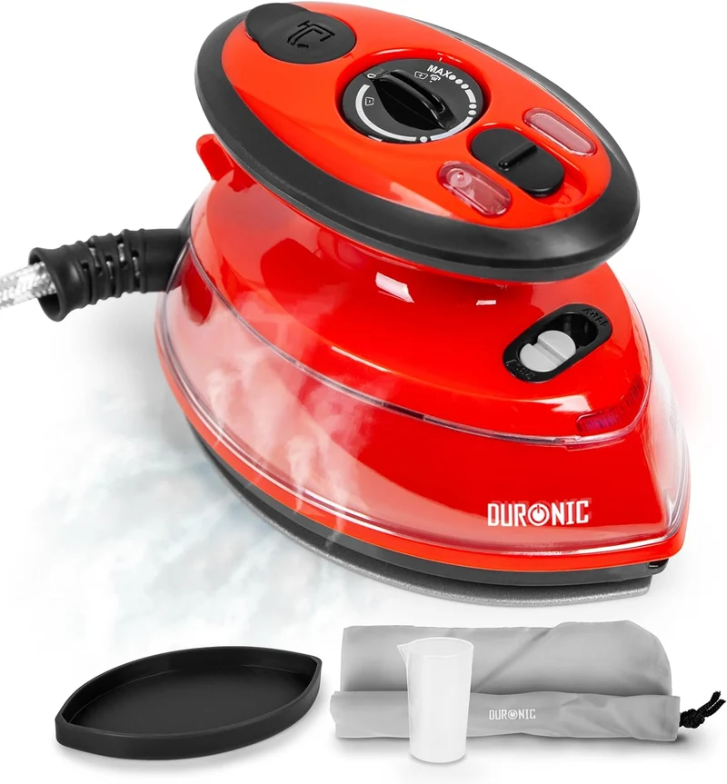 Duronic SI3 RD Mini Ferro da Stiro | Ferro da viaggio a vapore 400W | Serbatoio 35ml | Steamer portatile con base dappoggio e borsello da viaggio | Per lavori di cucito, quilting | Rosso