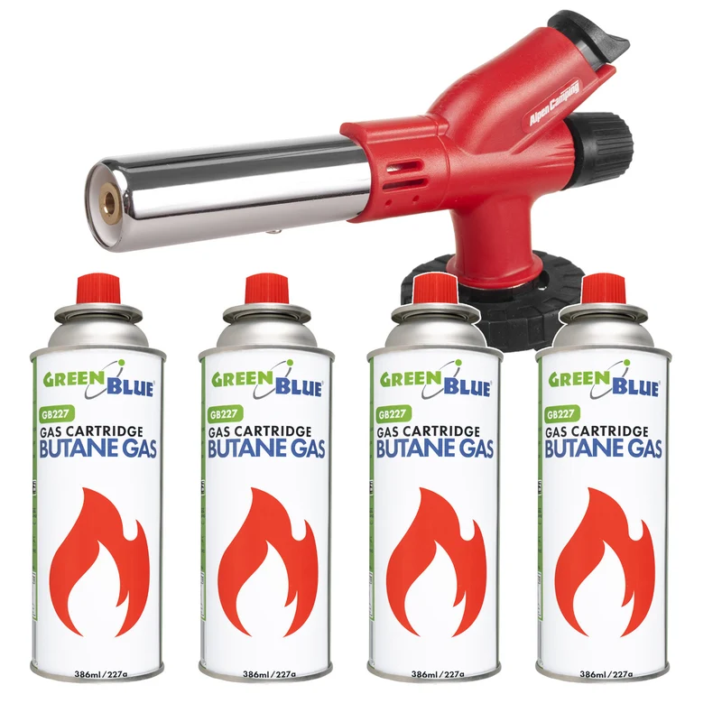 Bruciatore a cartuccia Alpen Camping, temperatura della fiamma 1300 °C, accensione piezoelettrica, regolazione della fiamma, ETNA + 4 cartucce di gas da 227 g GreenBlue. Certificato: Pi 0875, conforme alla norma EN417