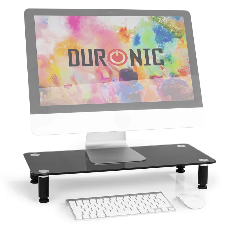 Duronic DM052-2 Supporto monitor scrivania dimensioni 56 x 24 cm - Supporto da tavolo regolabile per monitor e Laptop - Vetro temperato nero - Capacità 20kg - Mensola ergonomica per scrivania