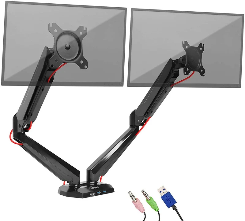 Duronic DMUSB5X2 Supporto monitor per 2 schermi 13 - 27  8 kg per braccio  Altezza regolabile fino a 50cm  Inclinazione schermo -90°/+85° - Bracci con molla a gas  base con presa Jack/USB  Supporto schermi resistente in alluminio