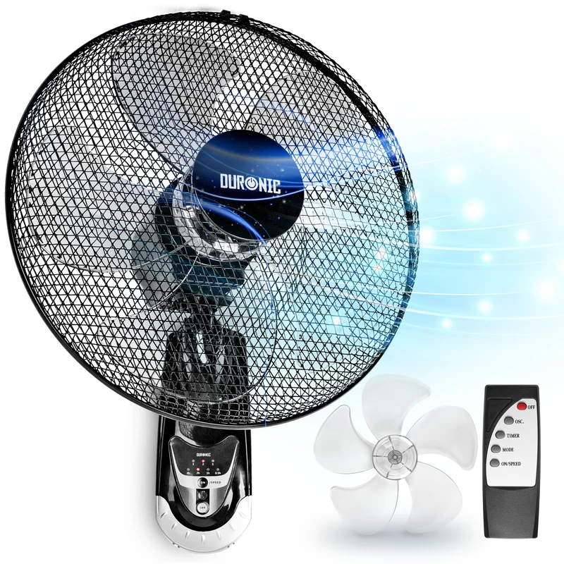 Duronic FN55 BK Ventilatore da Parete 60 W, 3 velocità con Telecomando, 5 Pale Ultra Silenzioso con Timer Fino a 4h, Ventola oscillante, Fissaggio a Muro con Montaggio e smontaggio rapido Nero