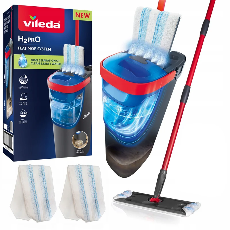 Mop piatto Vileda H2prO, separazione al 100% dell'acqua pulita da quella sporca, due serbatoi, 2 ricambi in microfibra, testa girevole a 360°, 175774