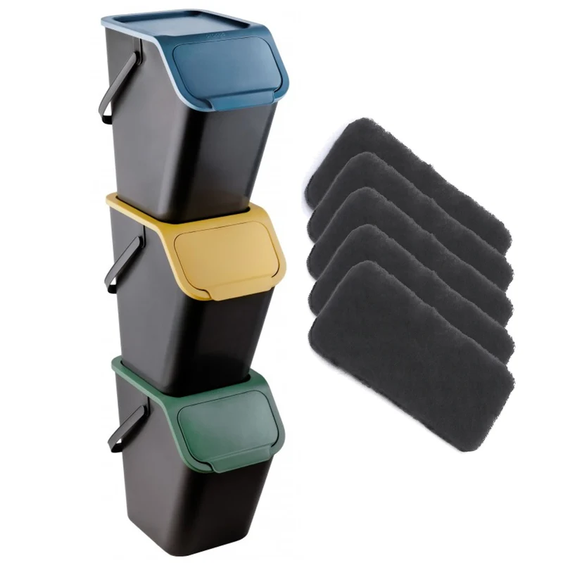 Set di 3 cestini per la raccolta differenziata da 25 l Practic Bini + 5 filtri al carbone