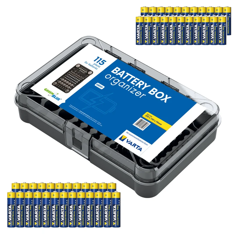 Organizer a batteria GreenBlue Varta Box GB189 + 22 batterie AA Varta Industrial + 25 batterie AAA Varta Industrial
