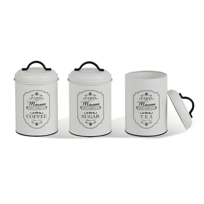 Set 3x barattoli per conservazione Paris Zucchero Caffè Tè 3x Ø11,3 x 18,5cm Bianco/Nero Cucina Contenitore